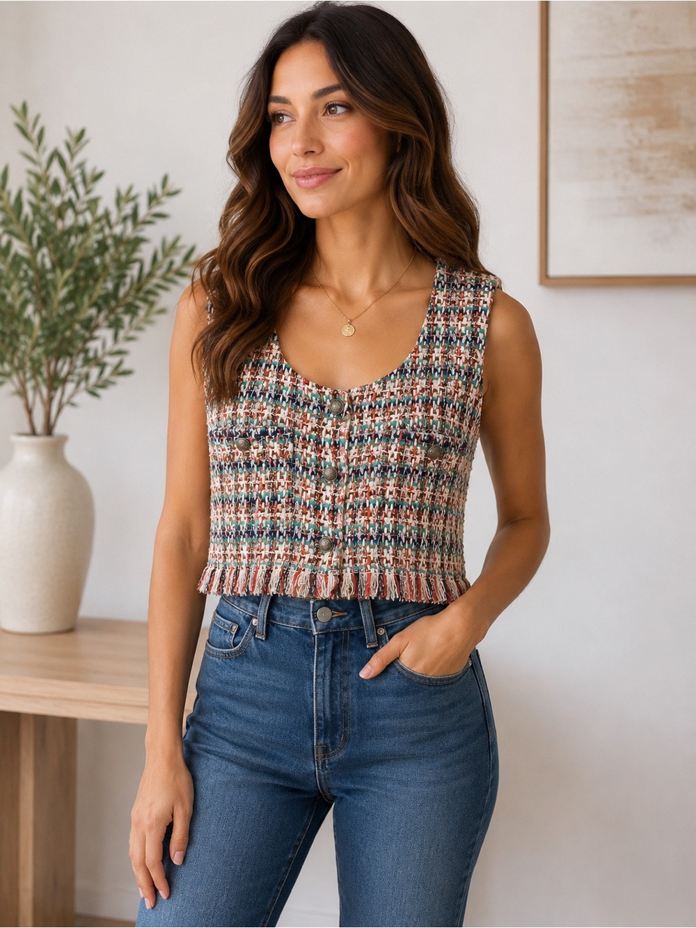 Storia Multi-Color Tweed Sleeveless Crop Top Vest